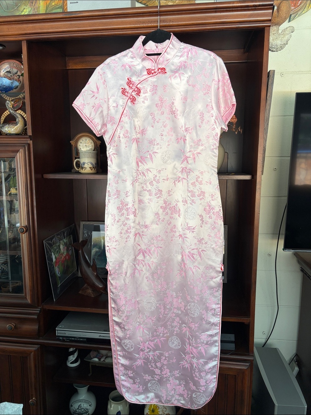 Pink Satin Cheongsam Qipao Dress with Floral Motif